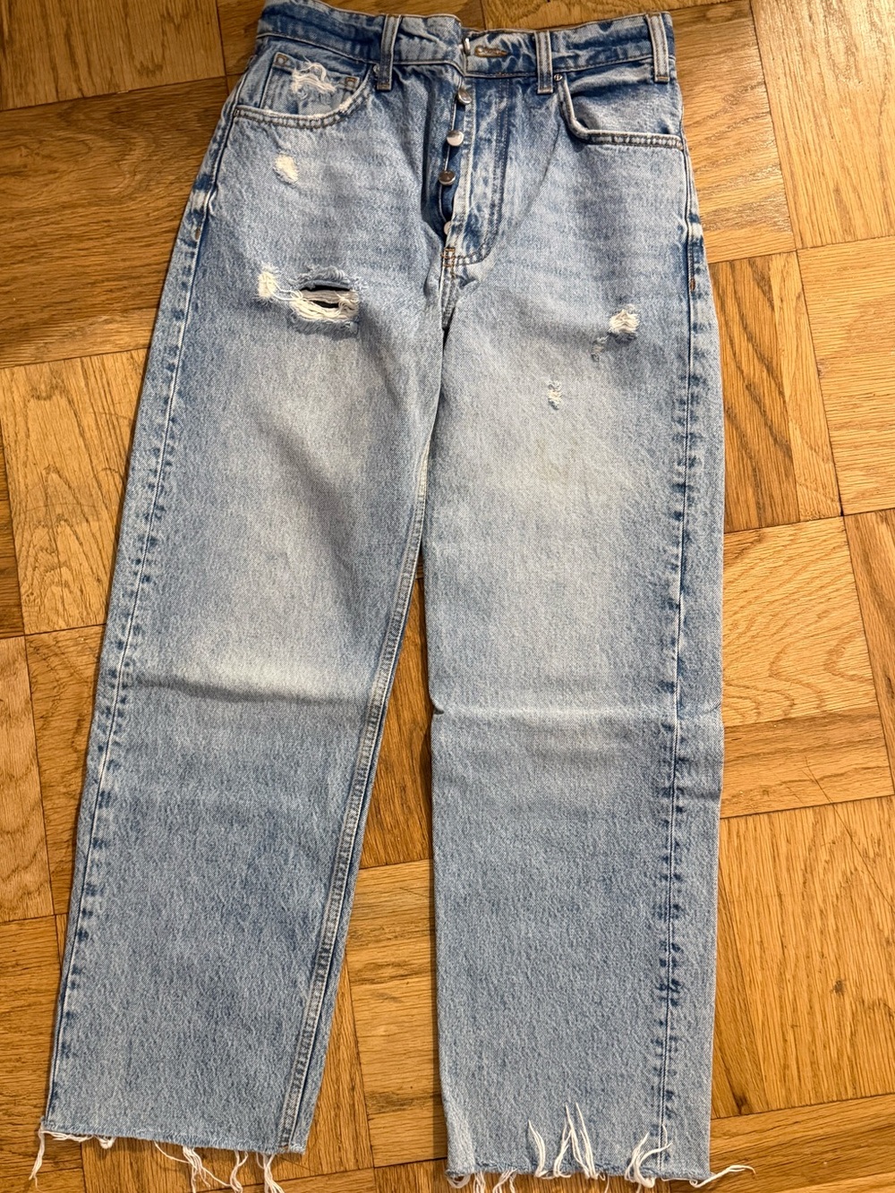 MOTHER Light Blue Distressed Straight-Leg Jeans
